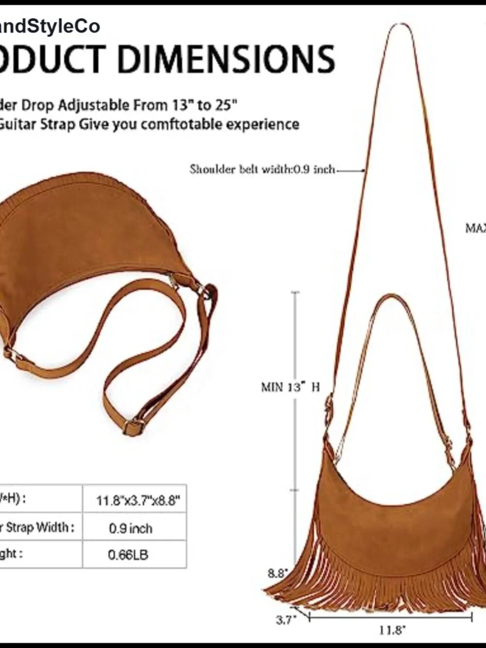 Fringe Crescent Crossbody Hobo Purse Vegan Suede Lightweight Multi Pockets